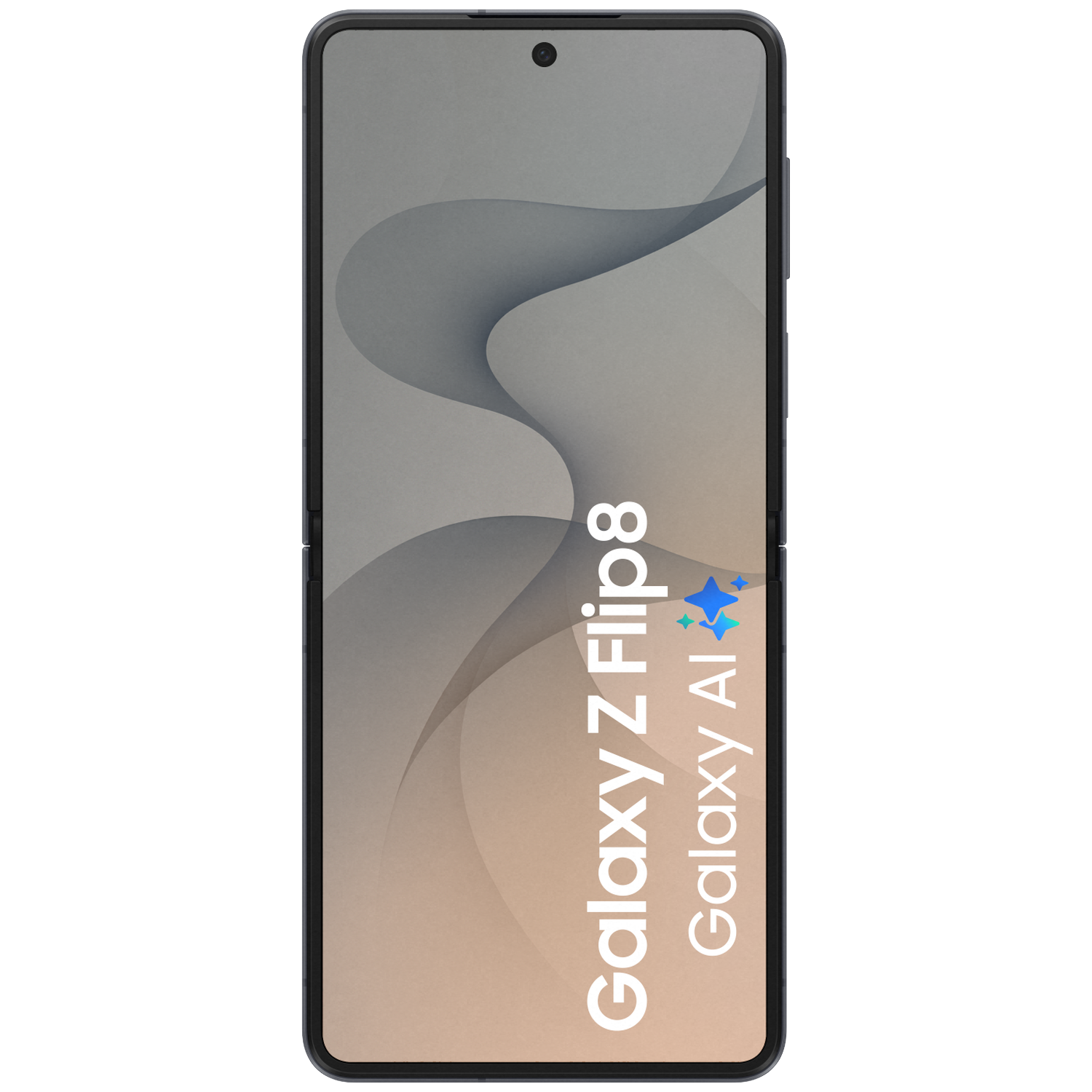 Een gesloten Galaxy Z Flip 8 smartphone met Galaxy AI tekst op het scherm.