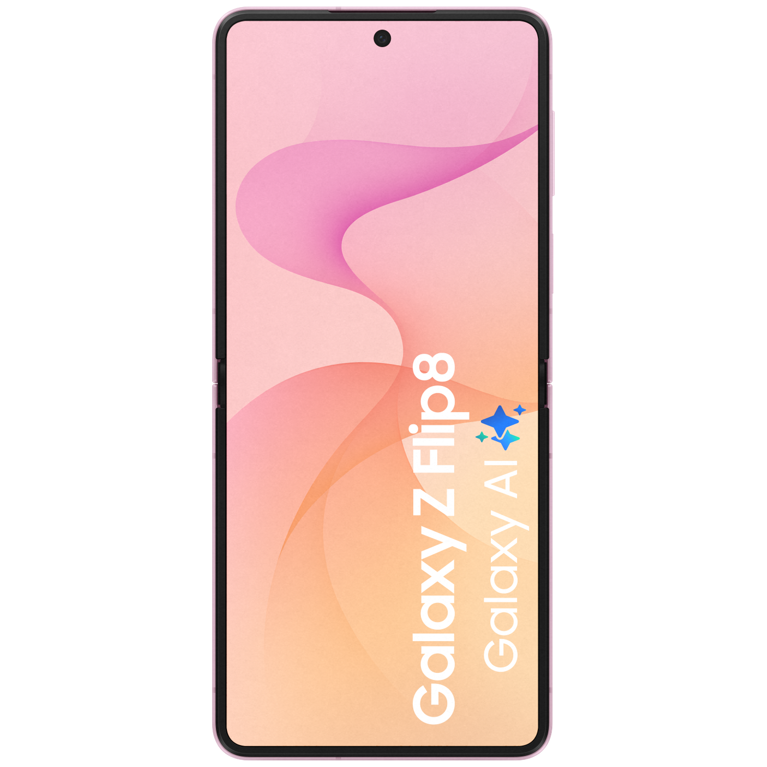 Een roze Samsung Galaxy Z Flip 8 met een abstracte golfanimatie op het scherm.