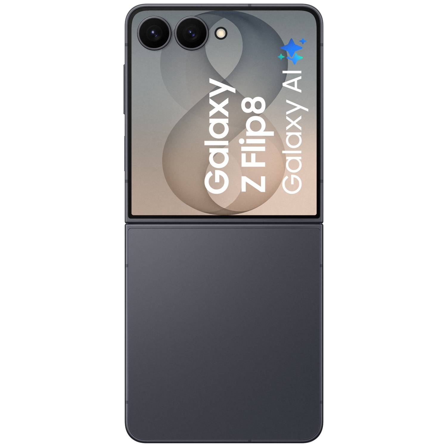 Unfolded Galaxy Z Flip 8 with two cameras and text. Dark gray.