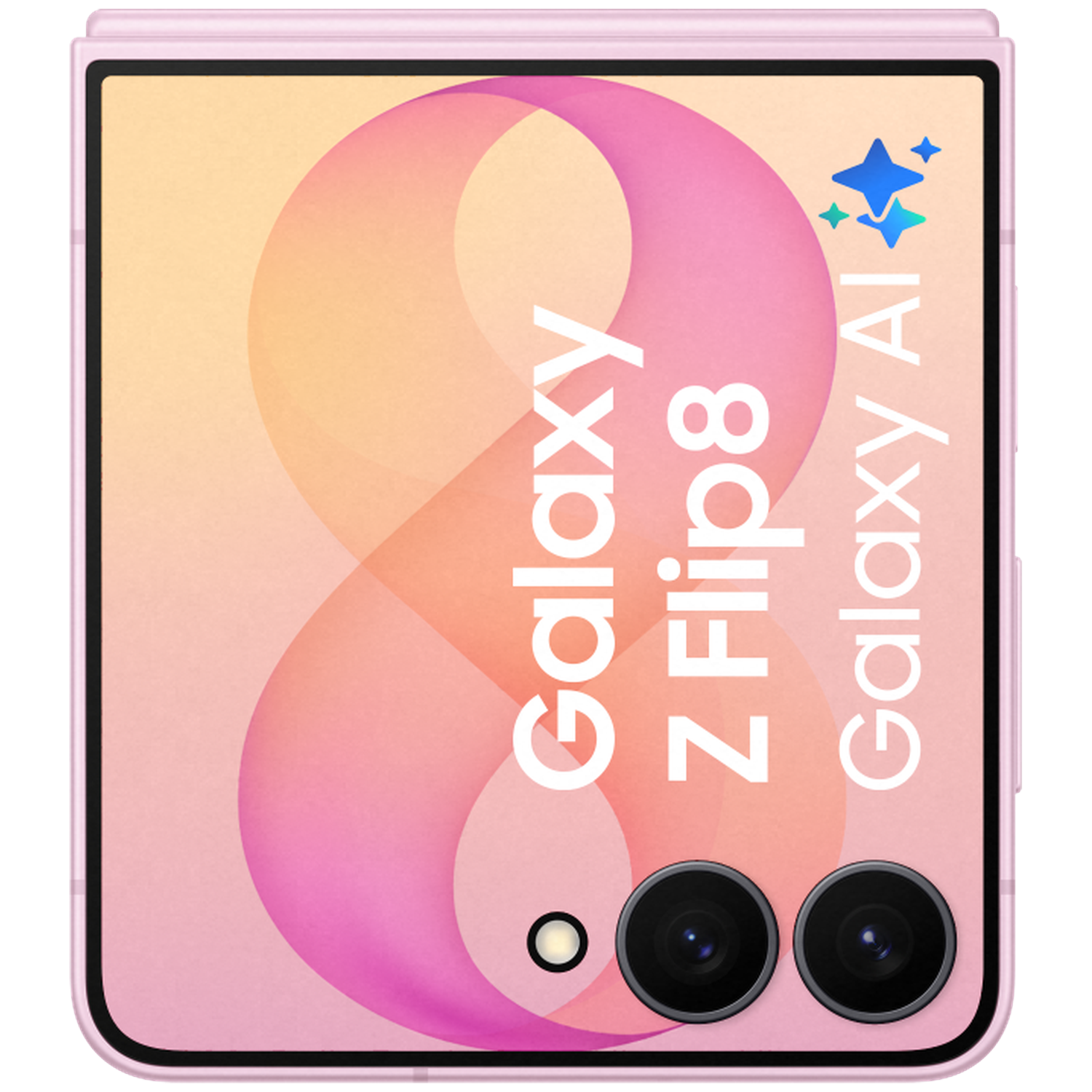Een roze Samsung Galaxy Z Flip 8 met twee camera's en AI-afbeelding.
