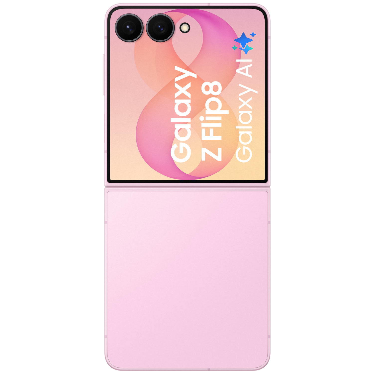 Een roze Samsung Galaxy Z Flip 8 met cameramodule en tekst.