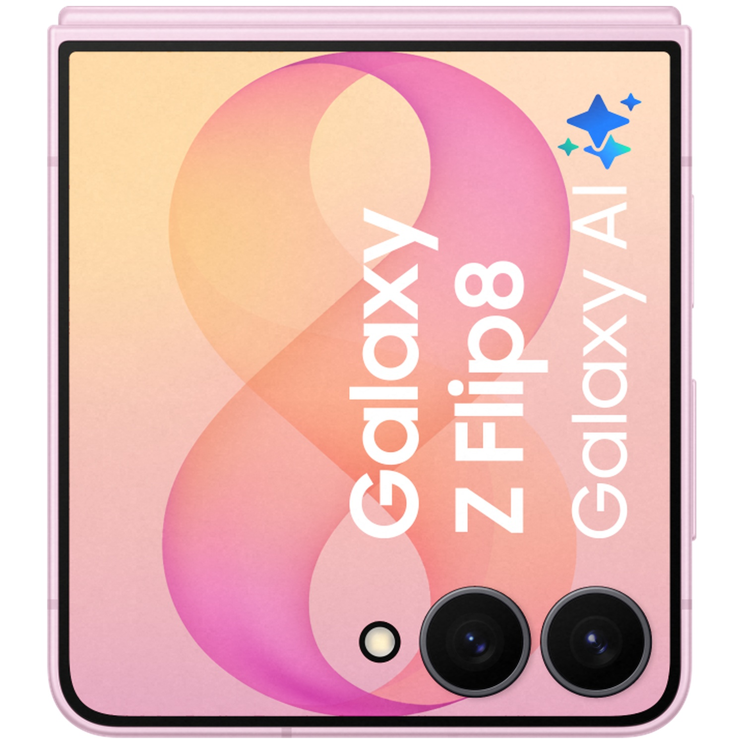 A pink Samsung Galaxy Z Flip 8 with two cameras and the text Galaxy AI.
