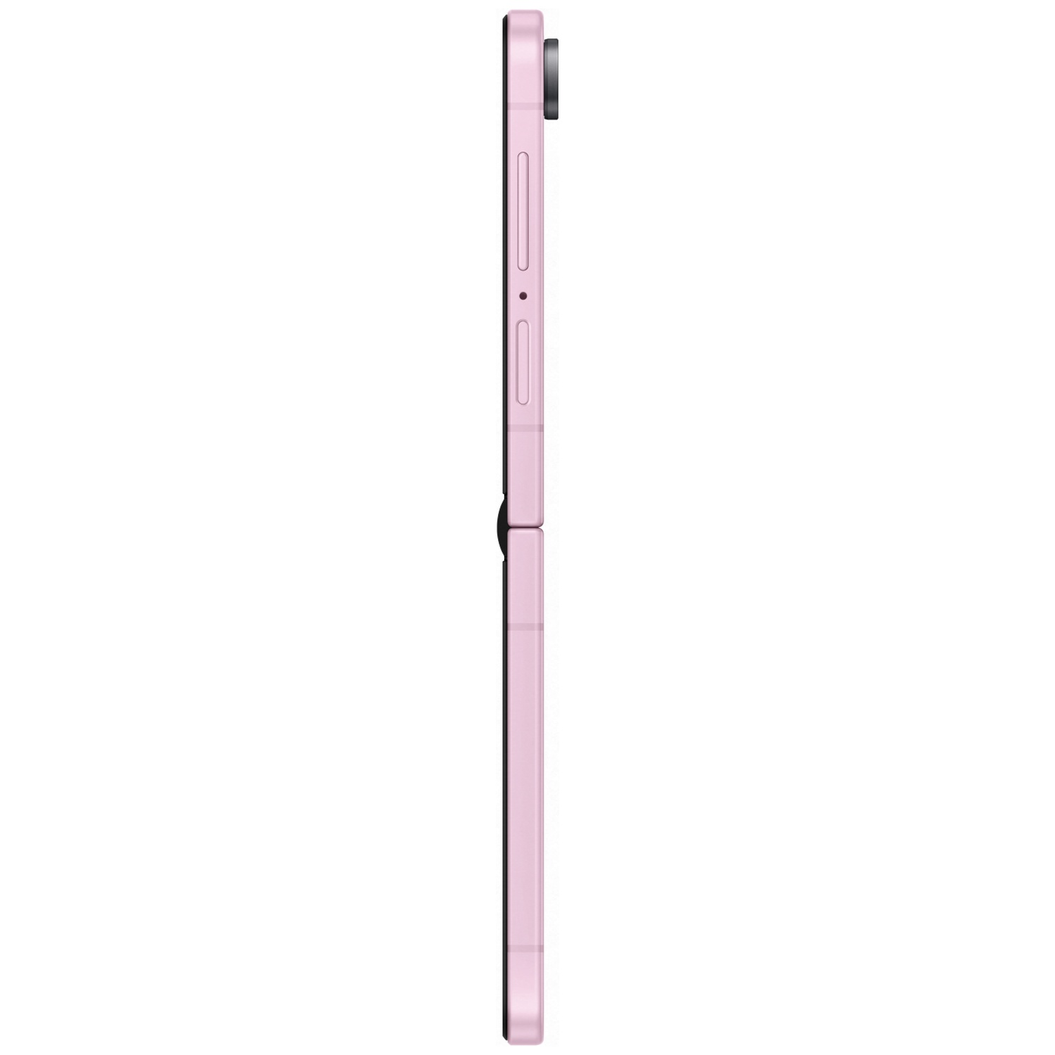 A closed pink flip phone showing its side with the camera at the top.