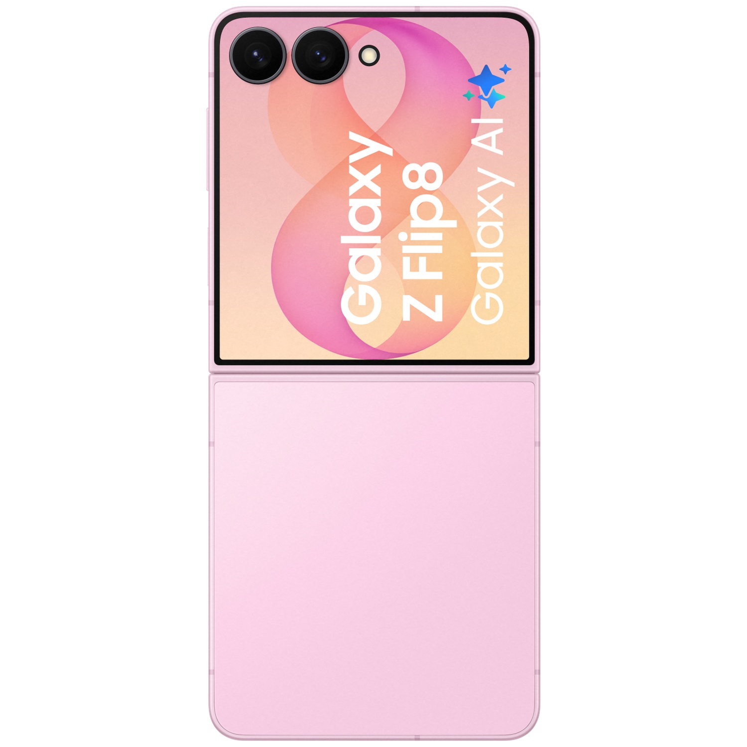 A pink Samsung Galaxy Z Flip 8 with dual cameras and 'Galaxy AI' text.