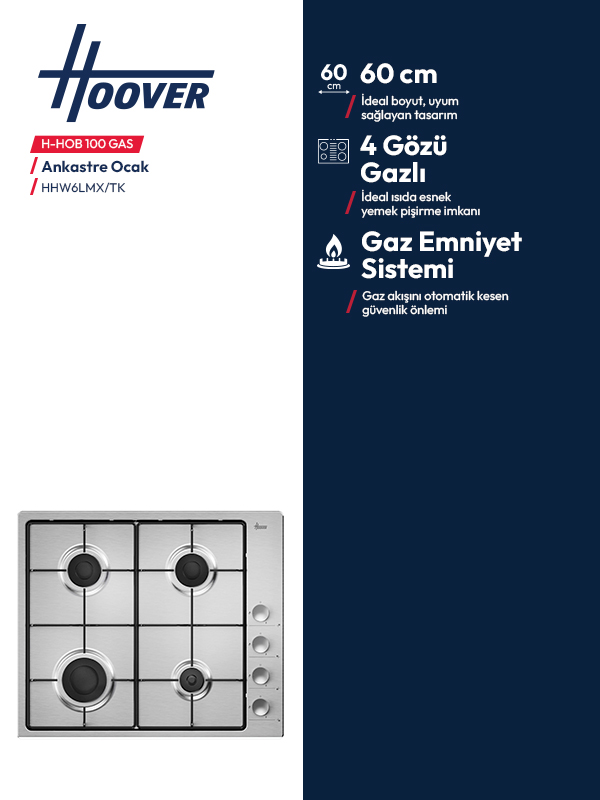 Hoover 60x60 cm ankastre gazlı ocak, 4 gözlü ve gaz emniyet sistemli.