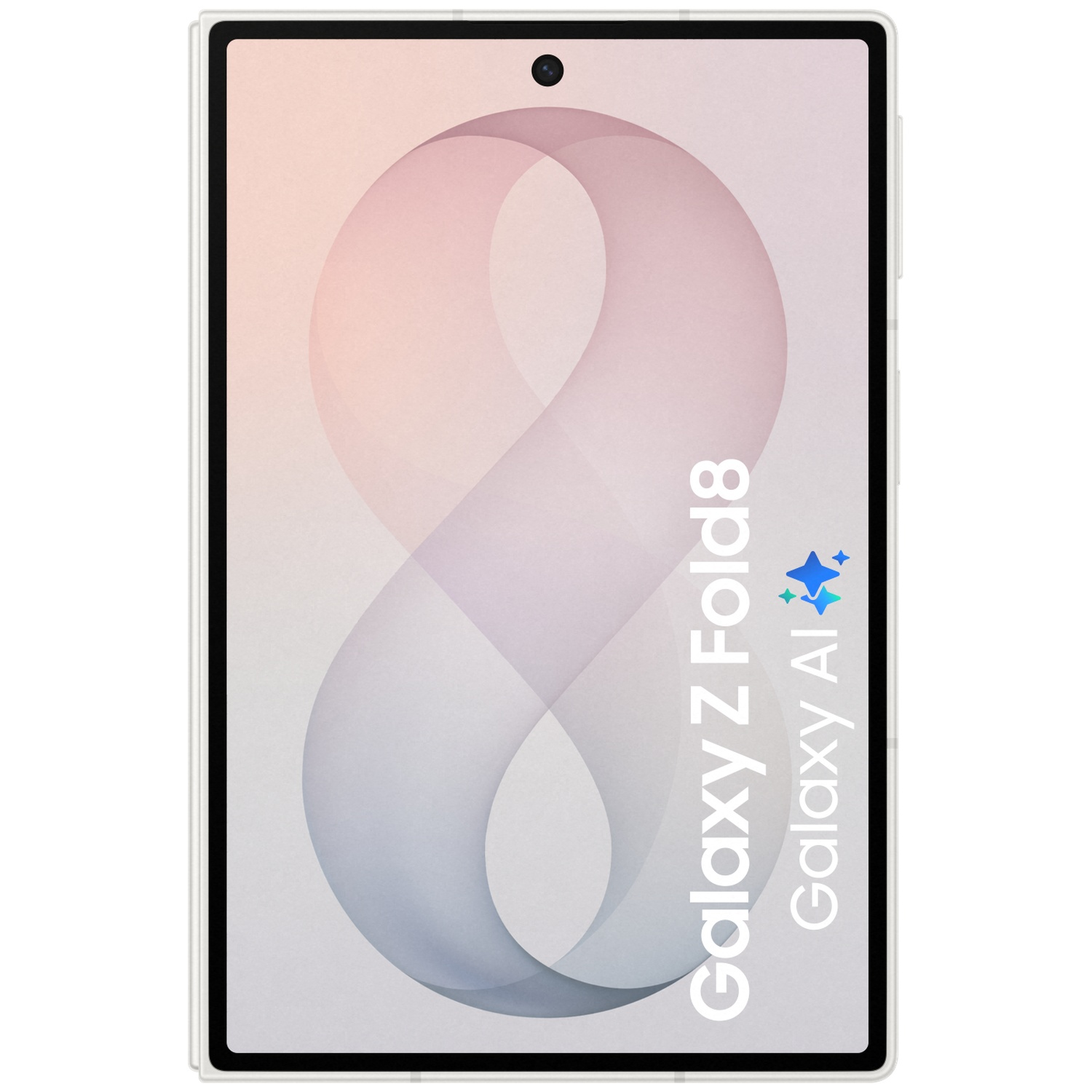A white Samsung Galaxy Z Fold 8 with an 8-shaped graphic and stars.