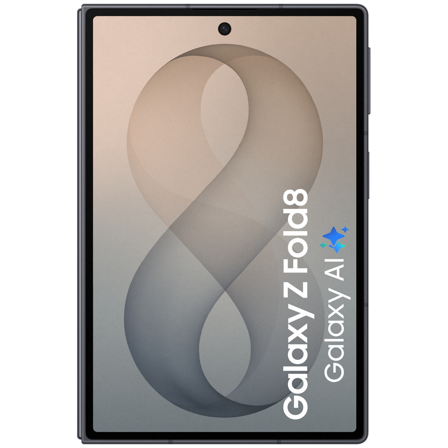 Dark gray foldable smartphone with an '8' shaped pattern on its screen.