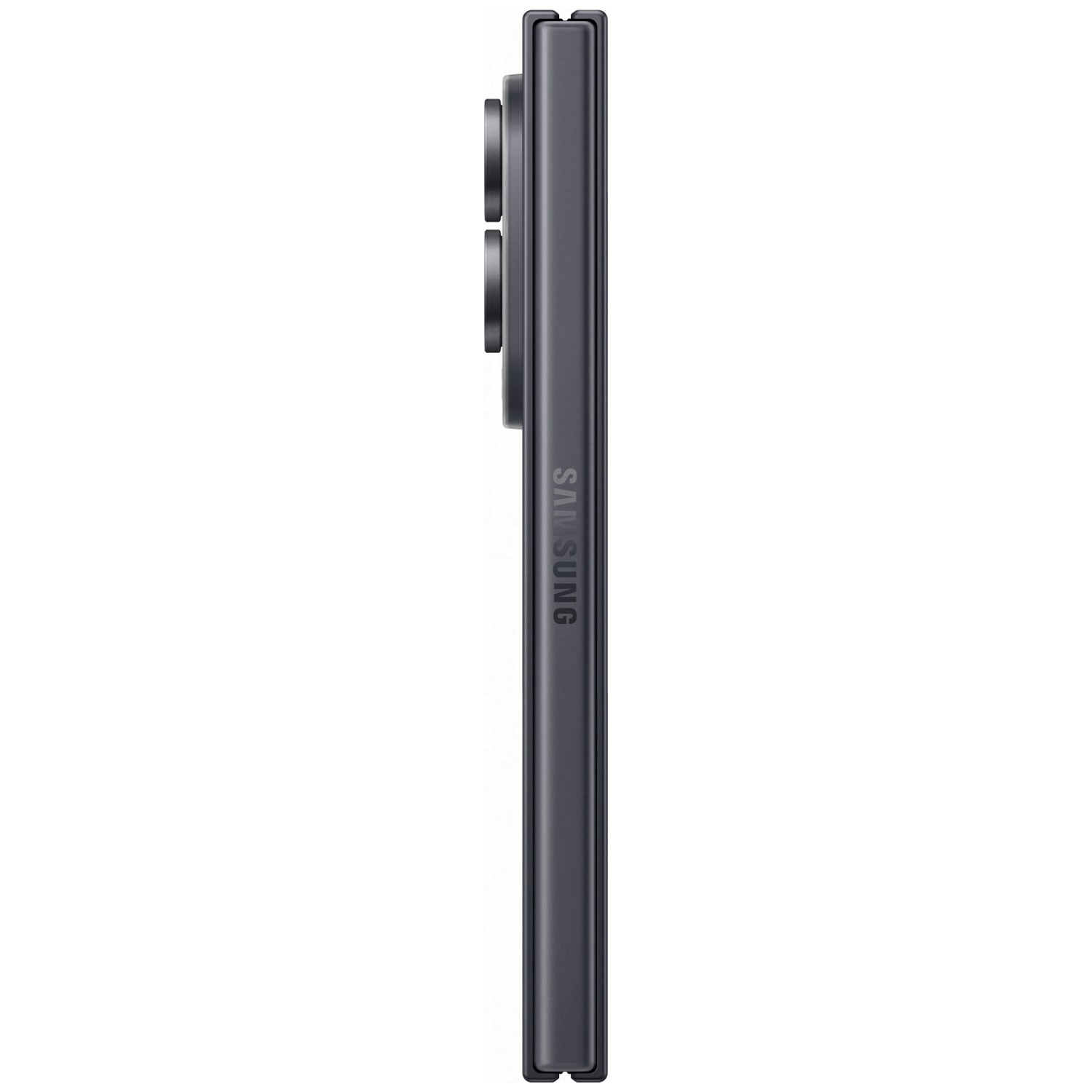 Dark gray smartphone in profile with three camera lenses and Samsung logo.