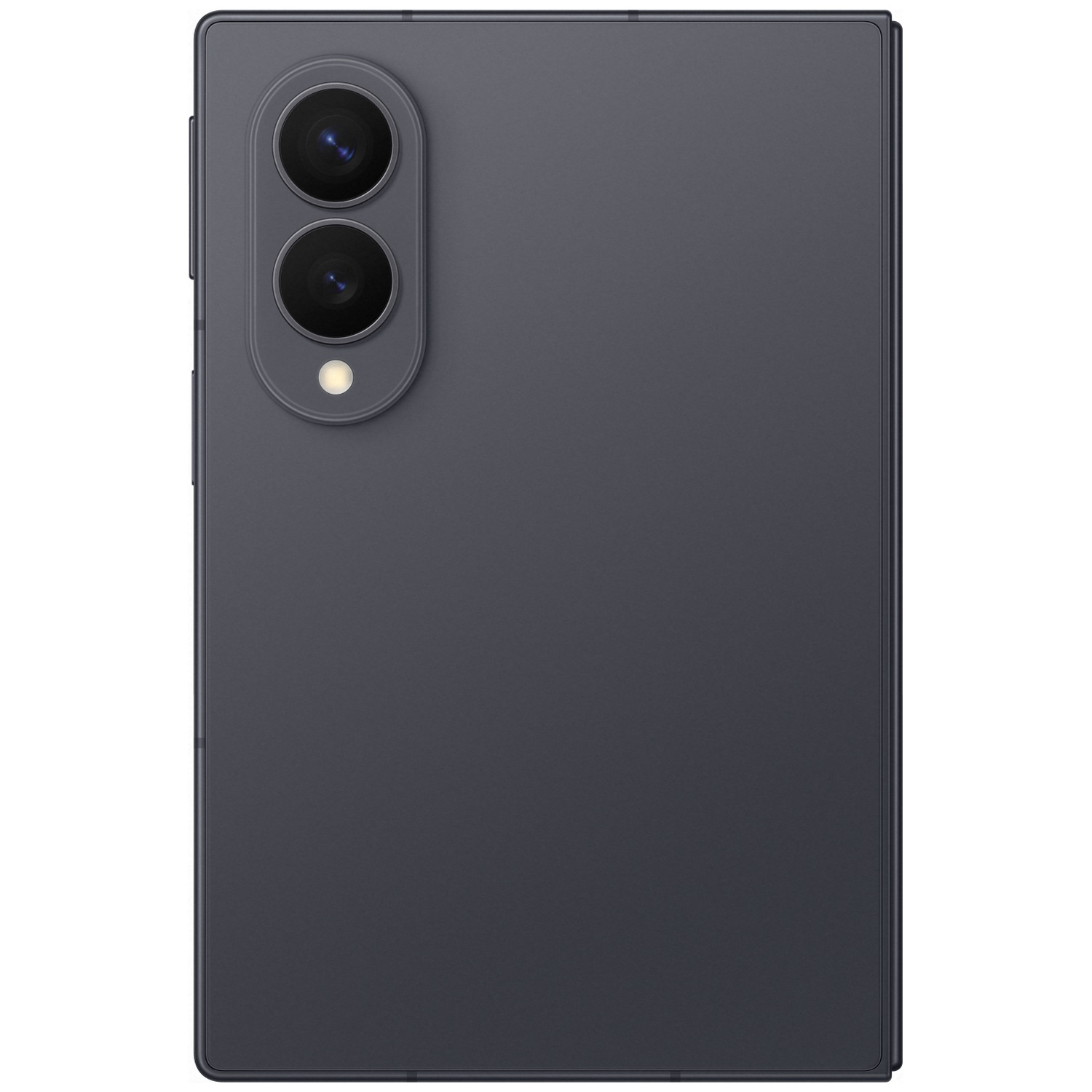 Dark gray smartphone with two camera lenses and a flash on the back.