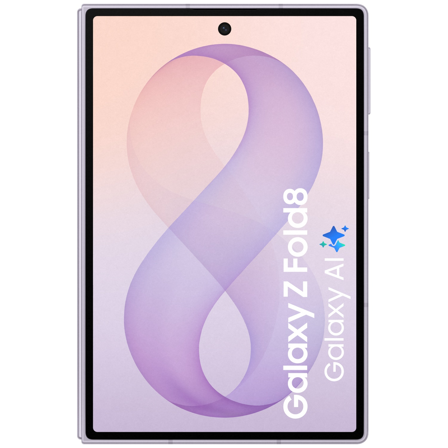 A purple foldable phone with a stylized 8 logo and text.
