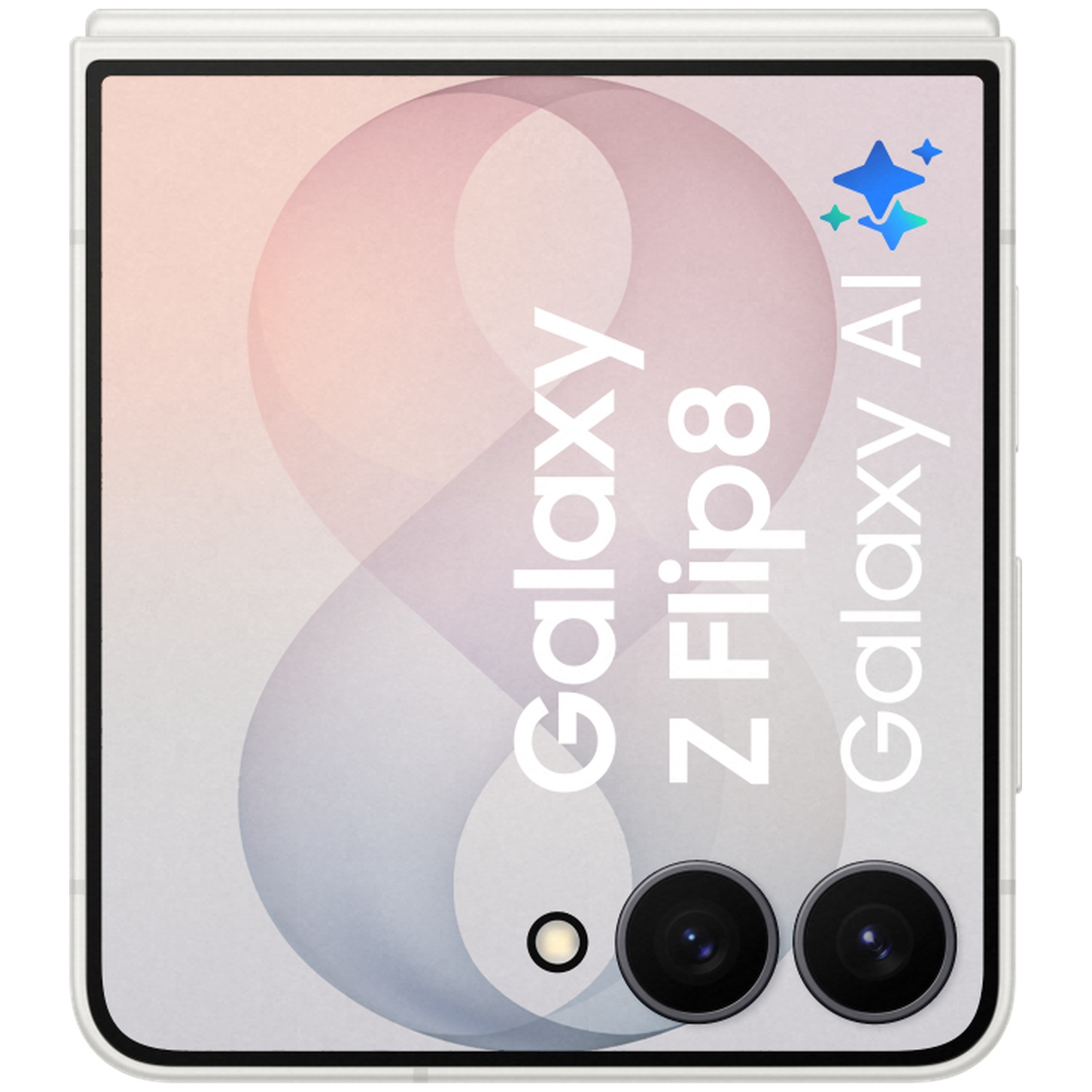 Closed white smartphone with two cameras and text 'Galaxy Z Flip 8'