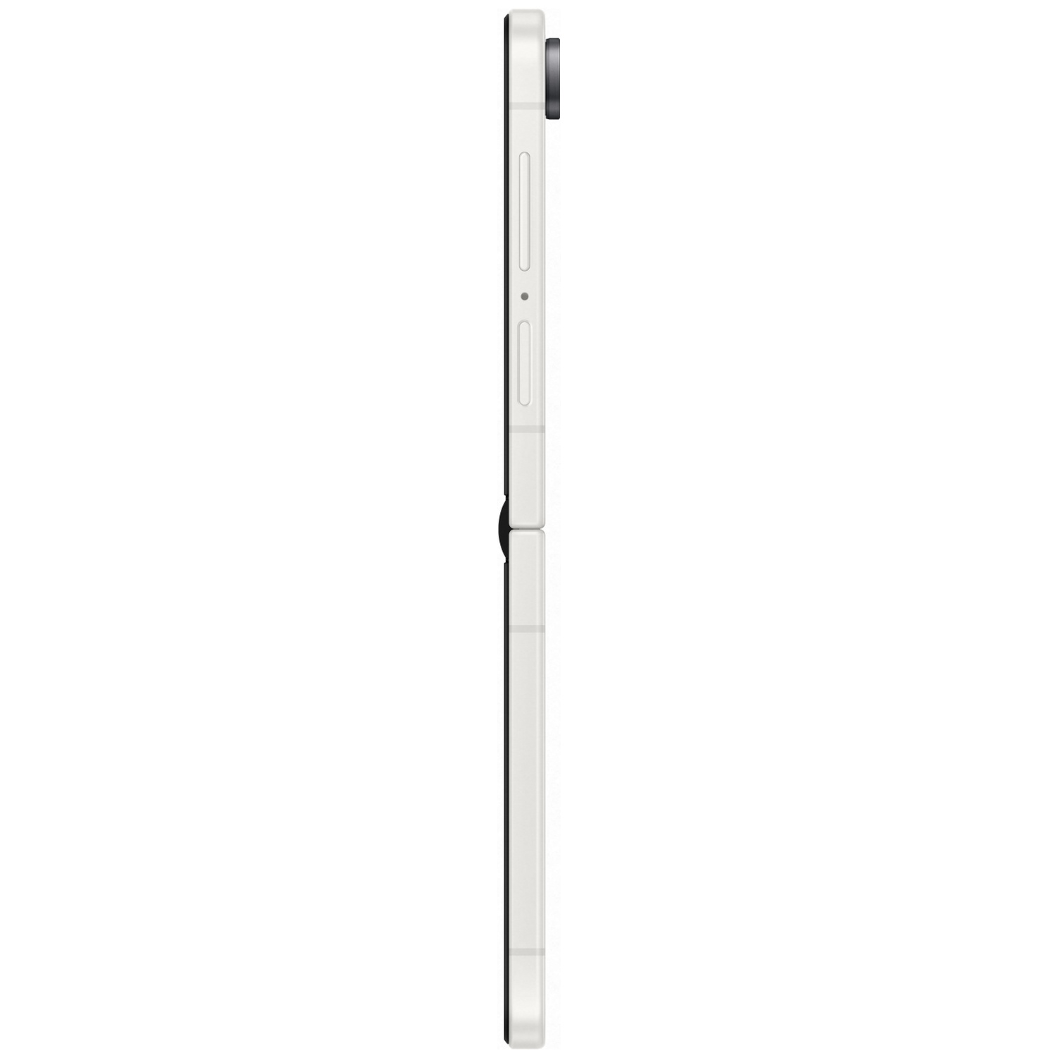 A white foldable smartphone shown in side profile with a visible camera lens.