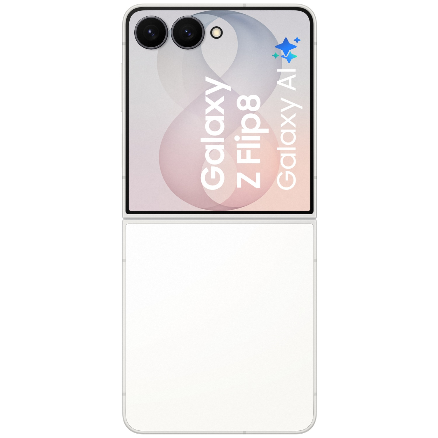 An open white smartphone with two cameras at the top and text.
