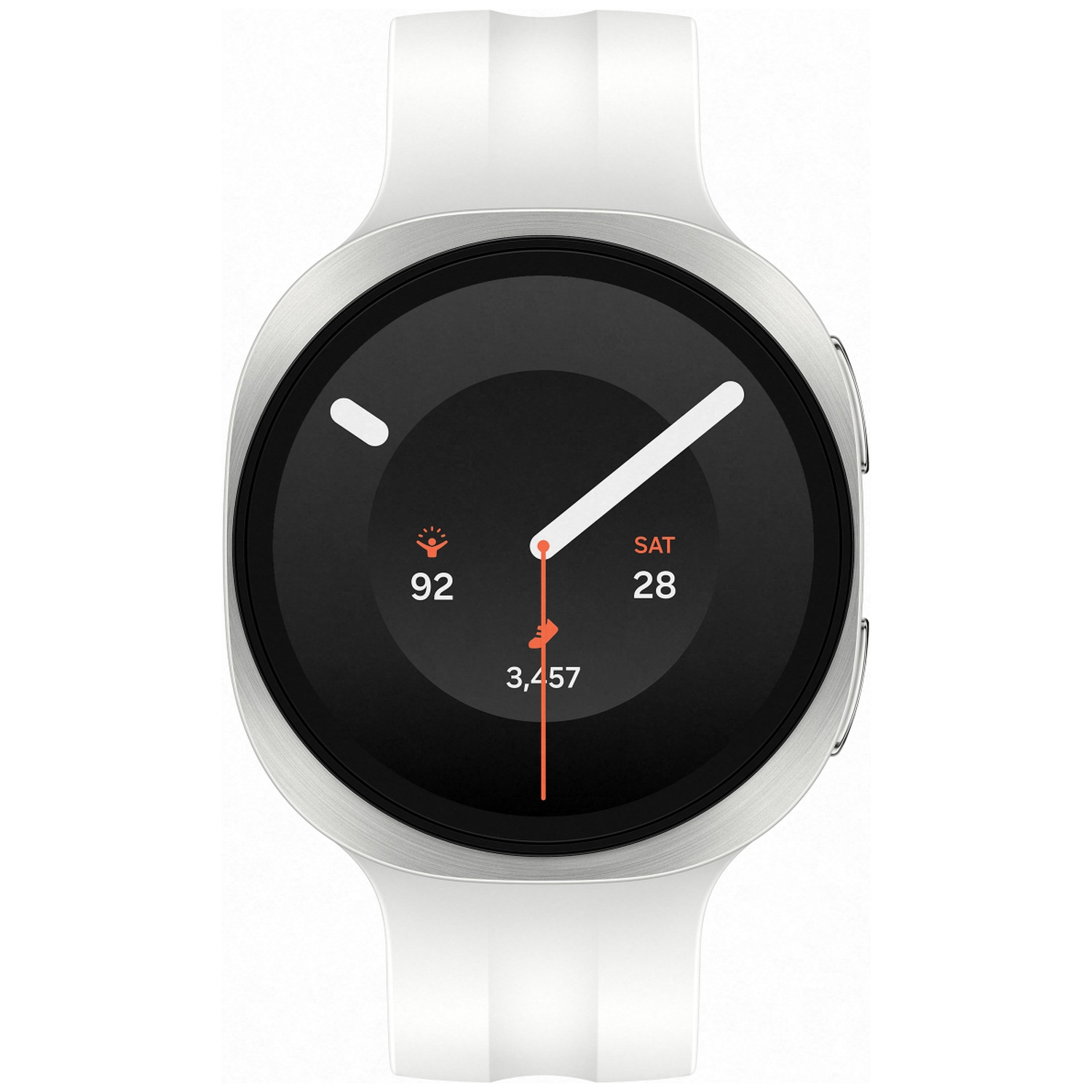A white smartwatch with a silver bezel and black face showing time and date.