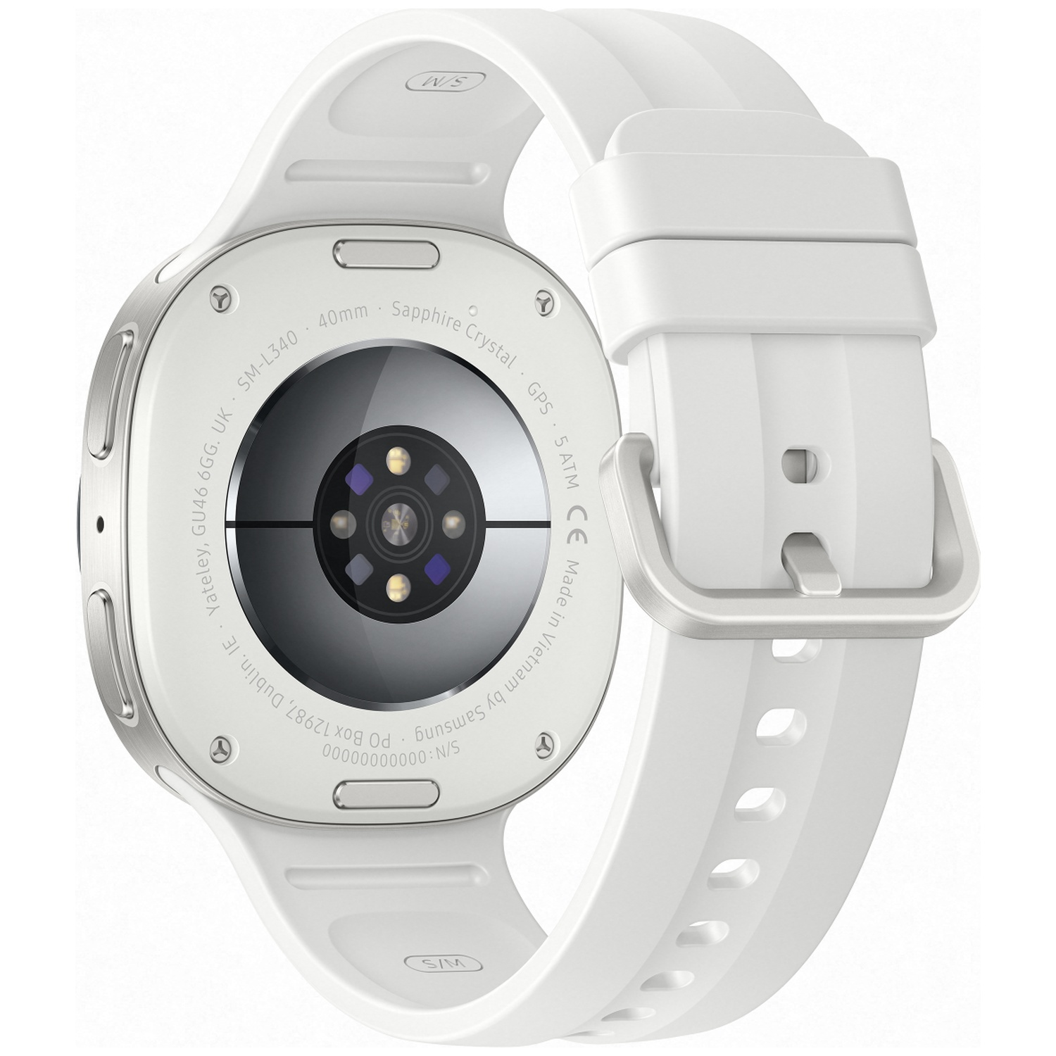 White smartwatch with heart rate sensor and white band.