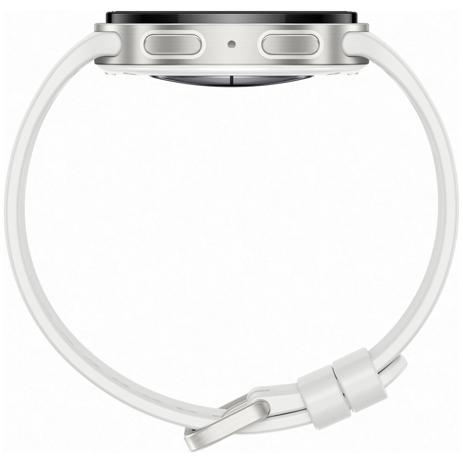 White smartwatch with silver casing and side buttons.