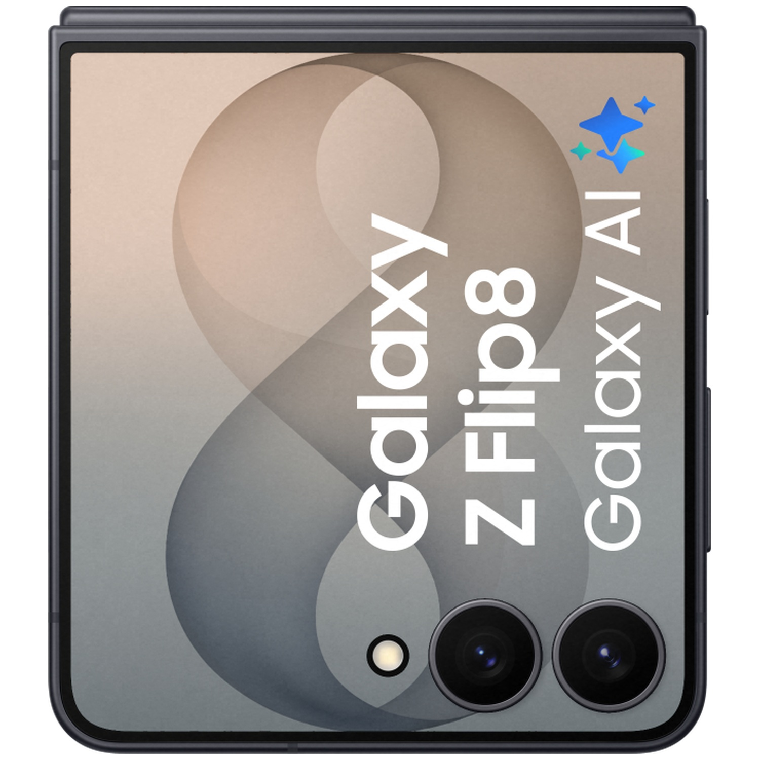 Closed Samsung Galaxy Z Flip 8 with AI logo and two cameras.