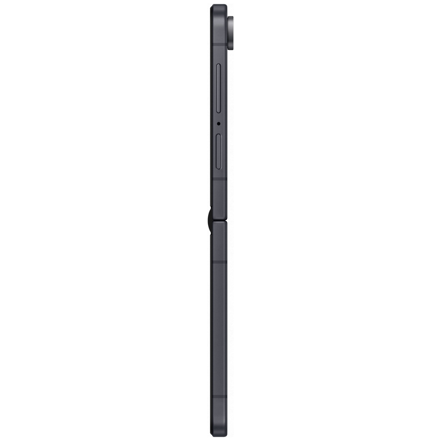 Dark gray foldable phone in side profile showing buttons and camera.