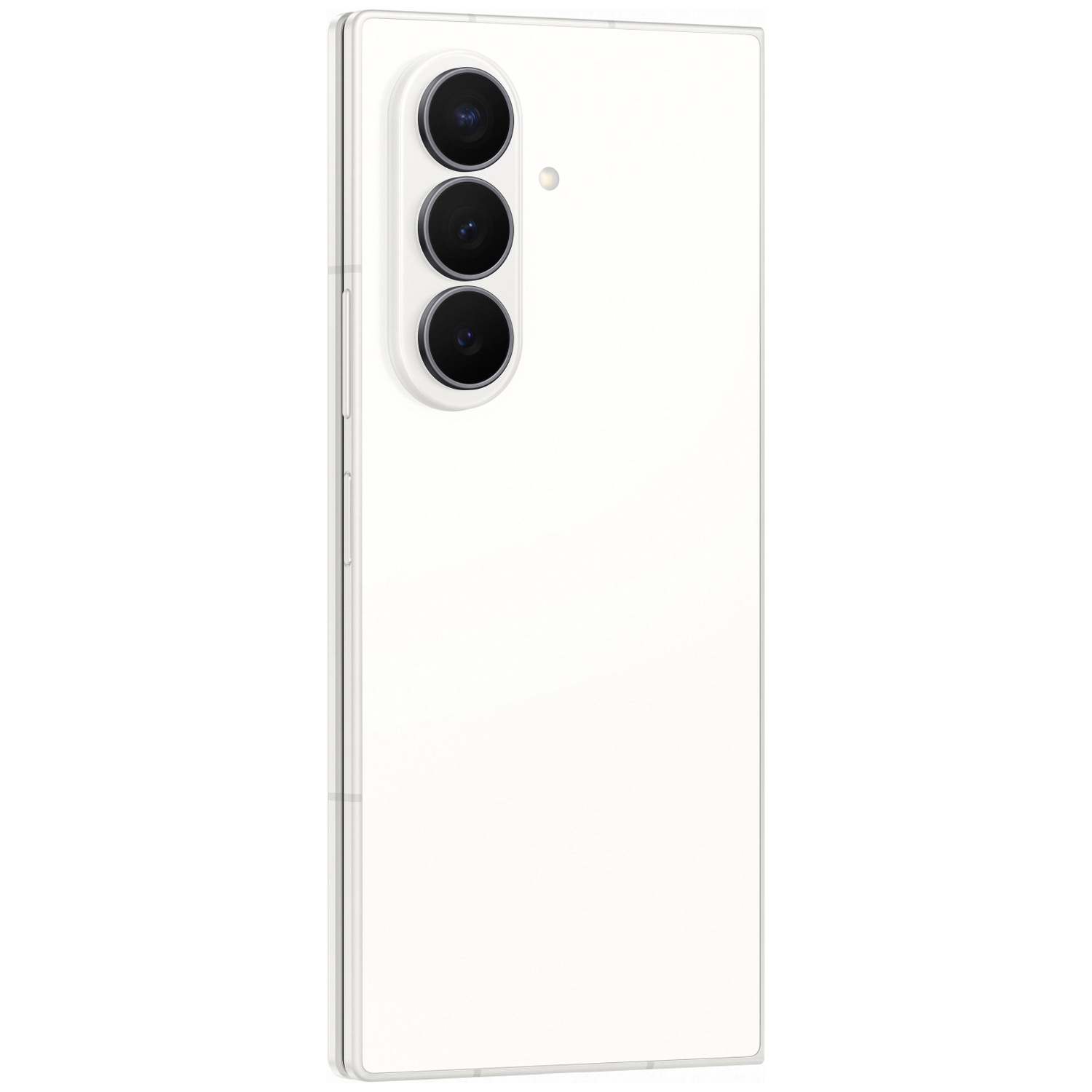 A white smartphone with three cameras on the back, on a white background.