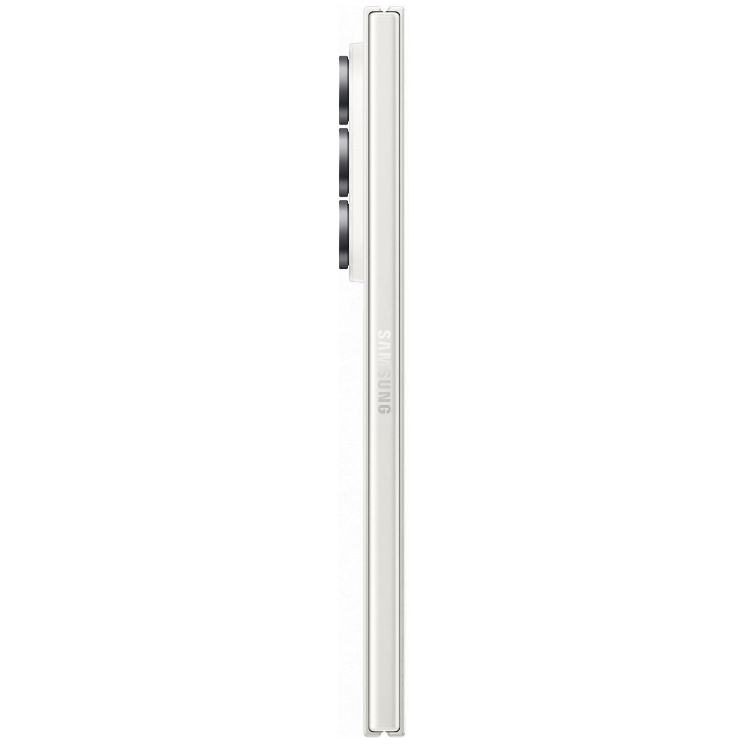 White Samsung smartphone back with three camera lenses and silver frame.