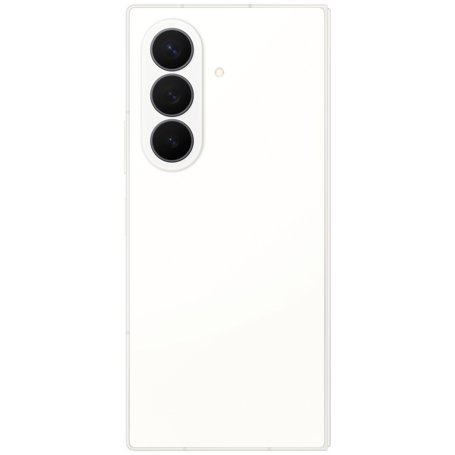 A white smartphone with three rear cameras in a vertical array.