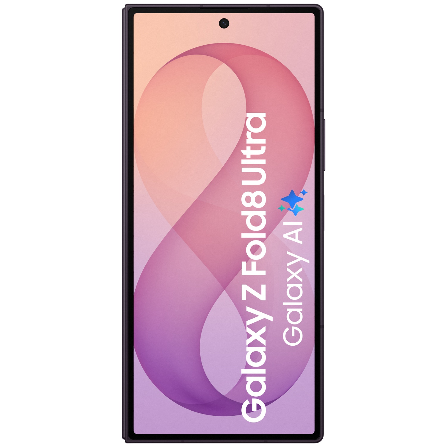 A closed purple smartphone displaying "Galaxy Z Fold 8 Ultra" and "Galaxy AI" text.