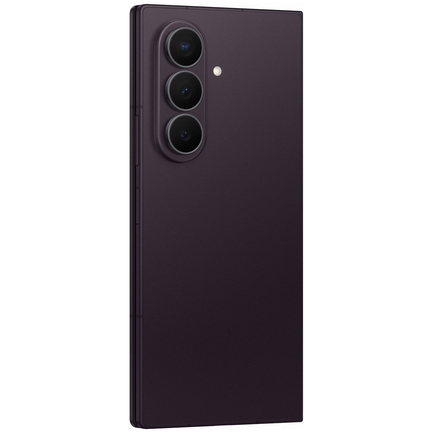 Dark purple smartphone with three camera lenses and a flash.