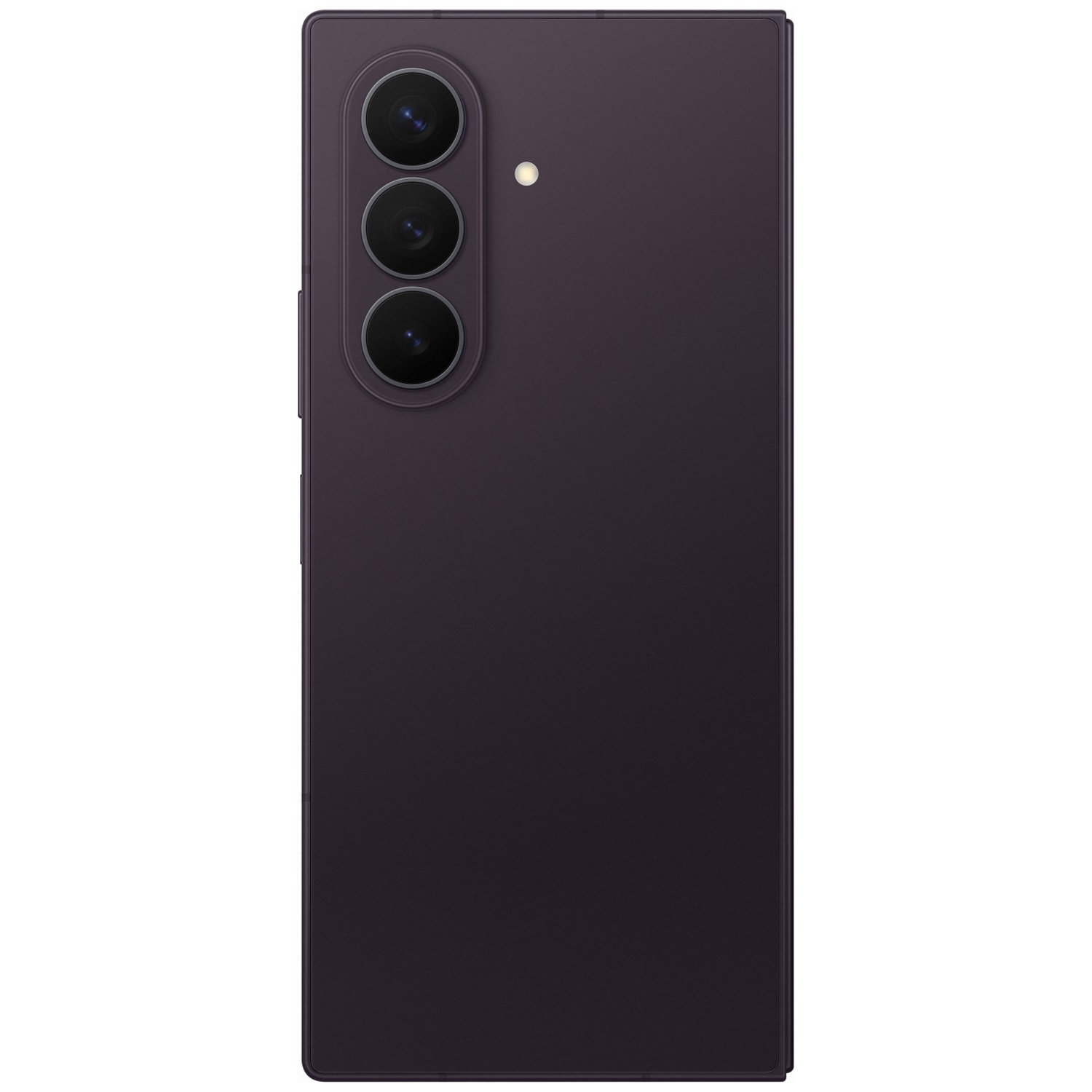 Dark purple smartphone with three cameras and flash, back view.