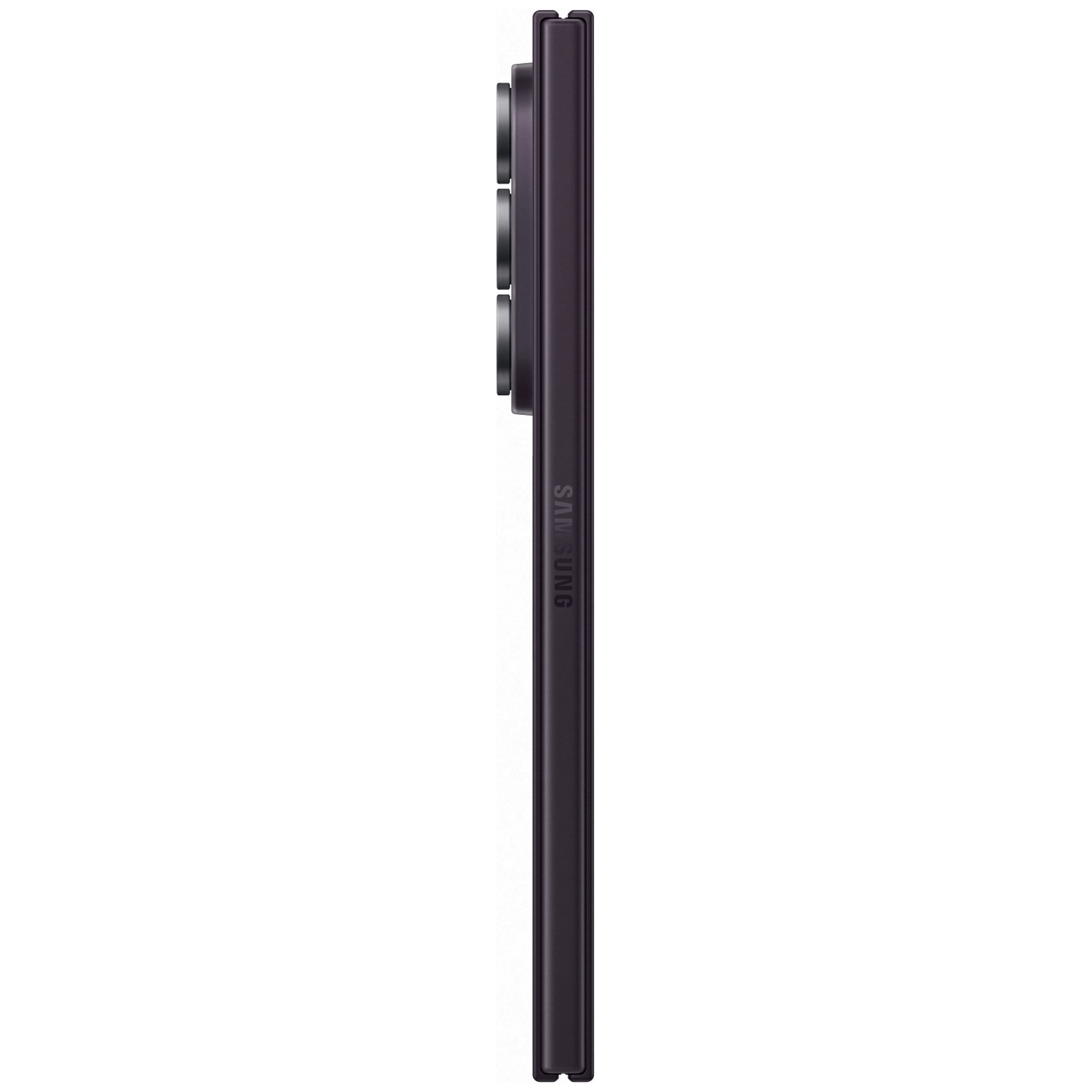 Dark purple Samsung smartphone in profile with camera lenses and logo.