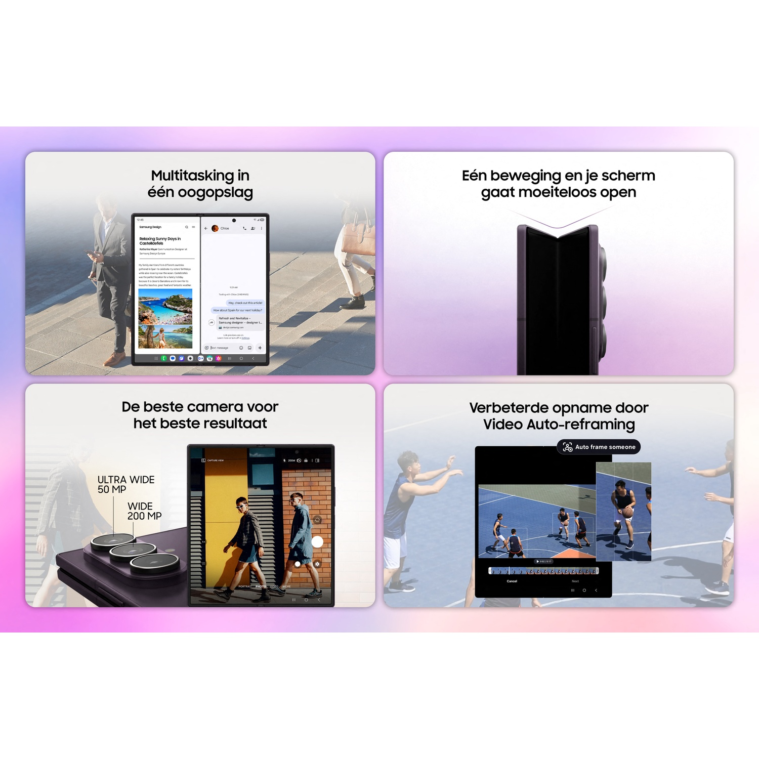 Four images show a smartphone's features: multitasking, folding design, camera, and video auto-framing.