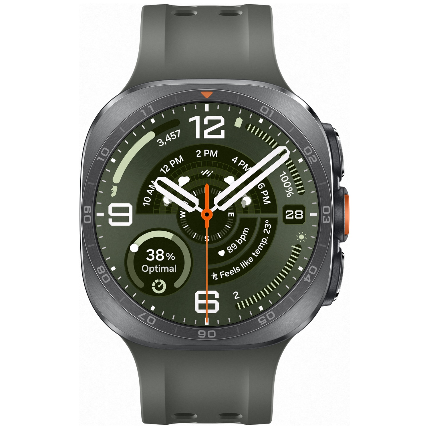 A grey smartwatch with a green face shows time, date, heart rate, and temperature.