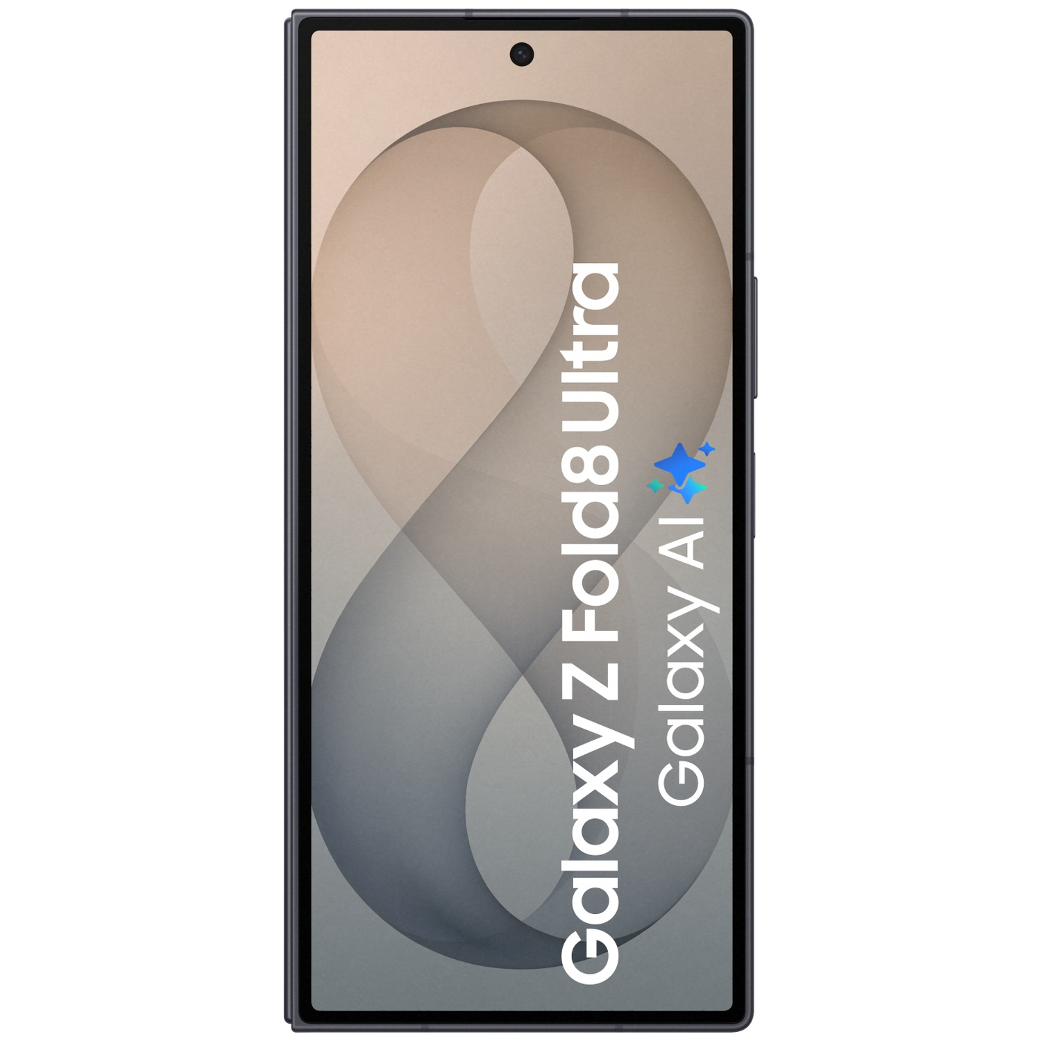 Front view of a dark smartphone displaying 'Galaxy Z Fold8 Ultra Galaxy AI' text.
