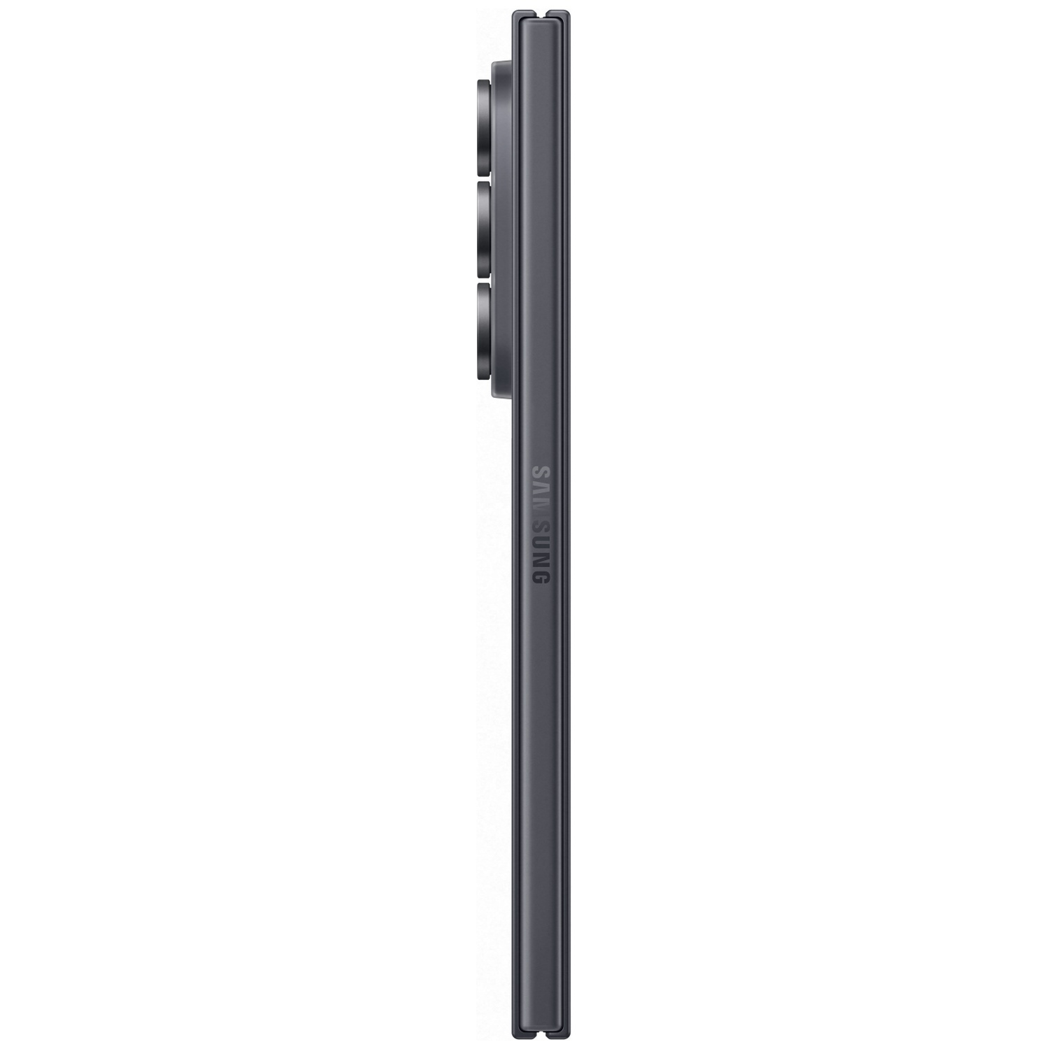 Dark gray Samsung smartphone in profile with three camera lenses.