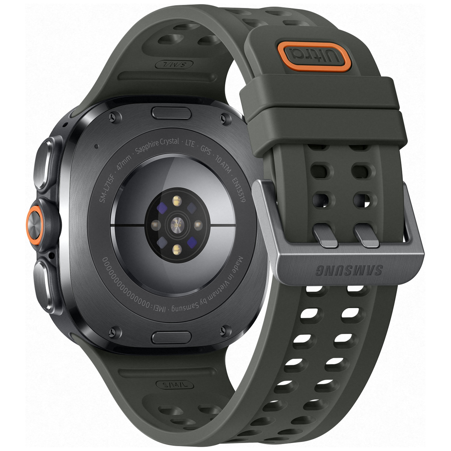 Back view of a dark smartwatch with a green band and orange accents.