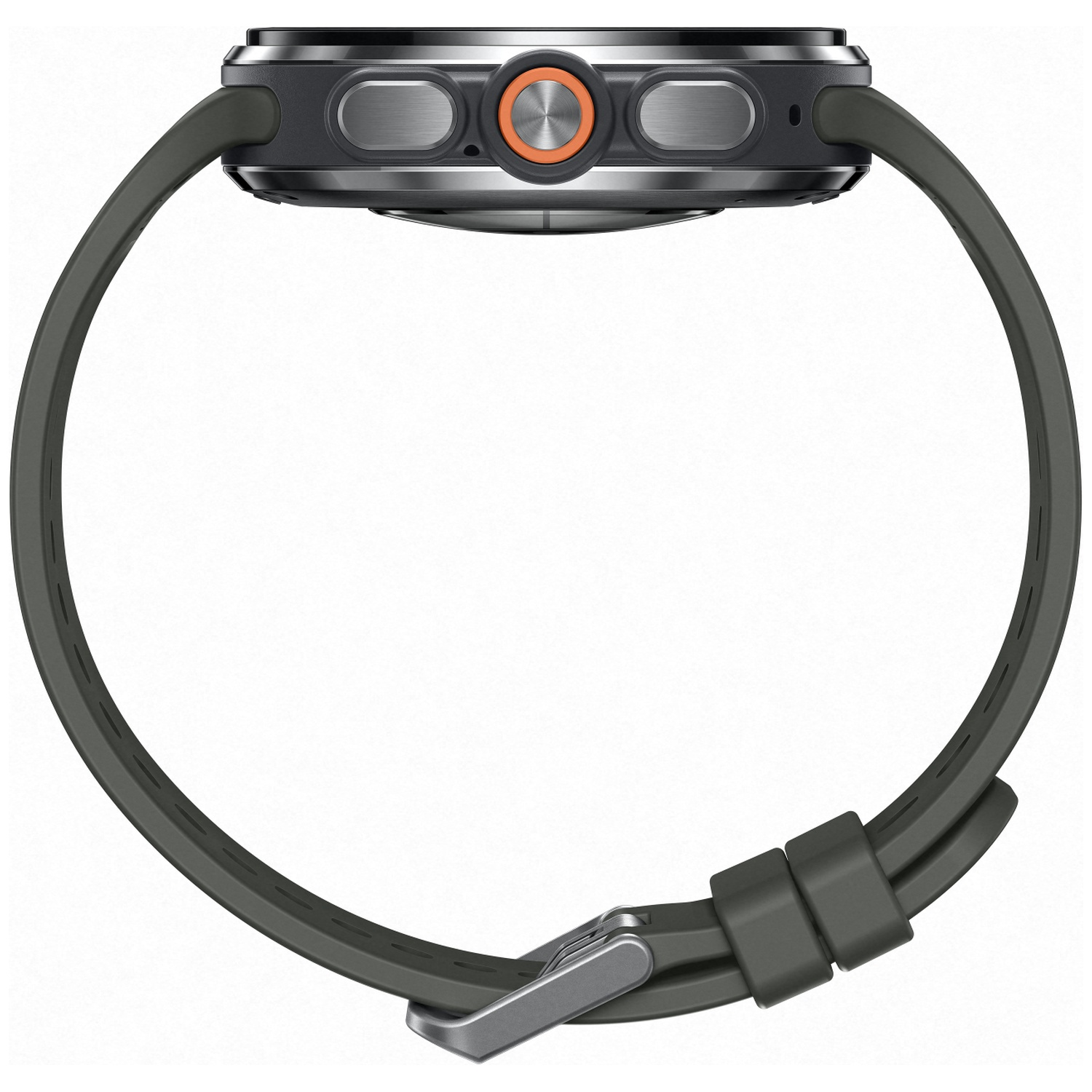 A grey smartwatch with an orange button and silver side buttons, on a white background.