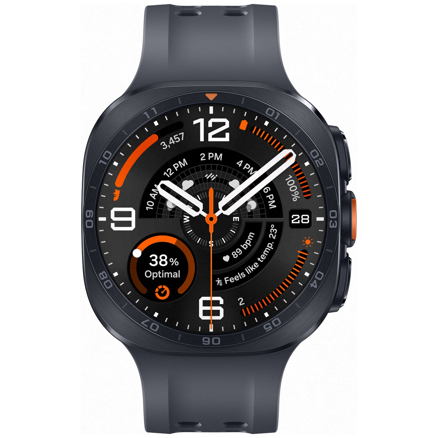 Dark smartwatch with black strap. Digital display shows time, steps, heart rate, and temperature.