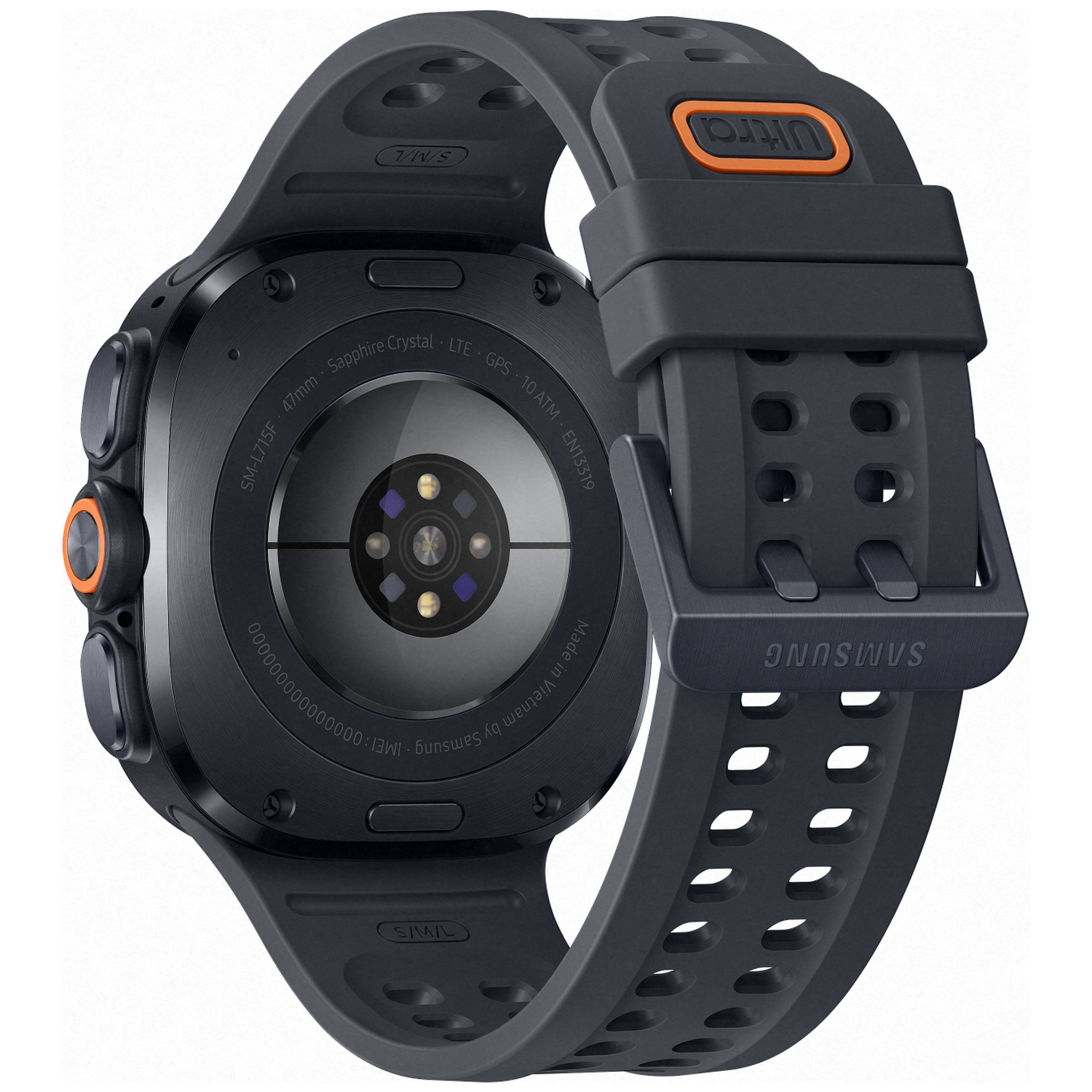 Back of dark gray Samsung watch with orange accents. Text details IMEI, model, and features.