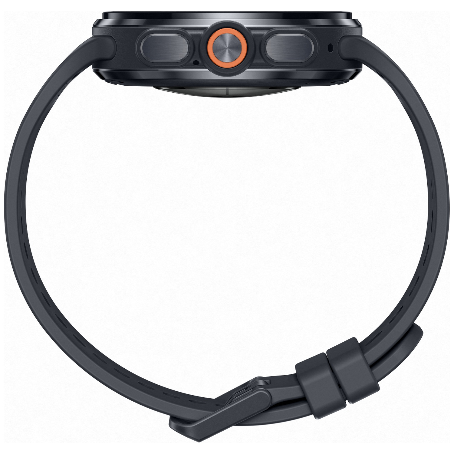 A dark smartwatch with an orange bezel and two buttons.