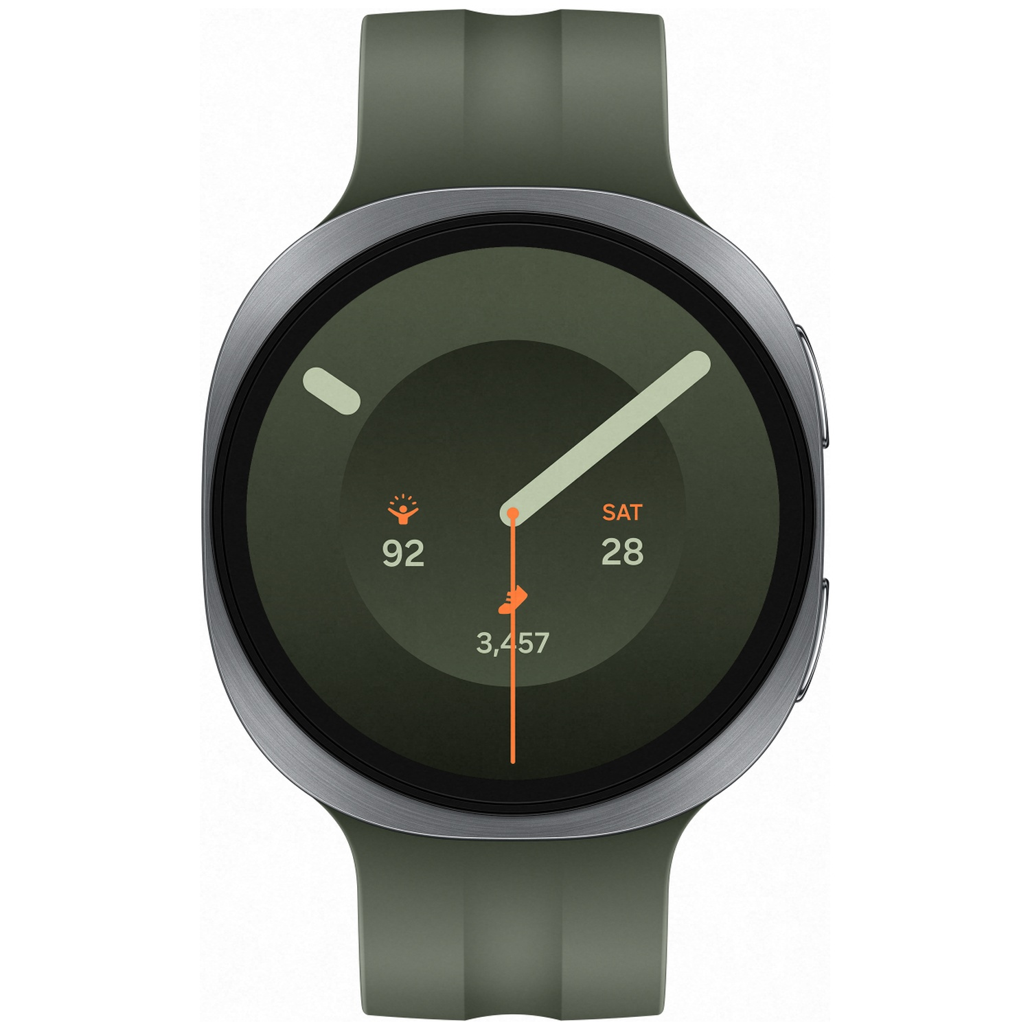 A green smartwatch with a silver bezel and dark face shows 92, 3,457 and SAT 28.