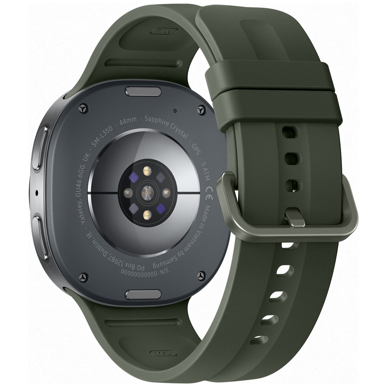 Close-up of the back of a green smartwatch with silver accents and text details.