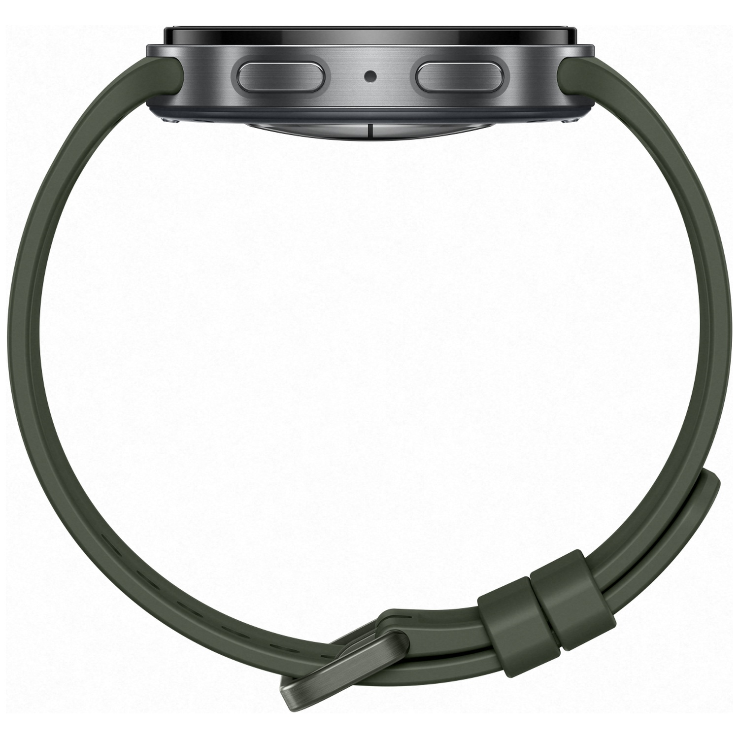 A gray smartwatch with a dark green band and side buttons.
