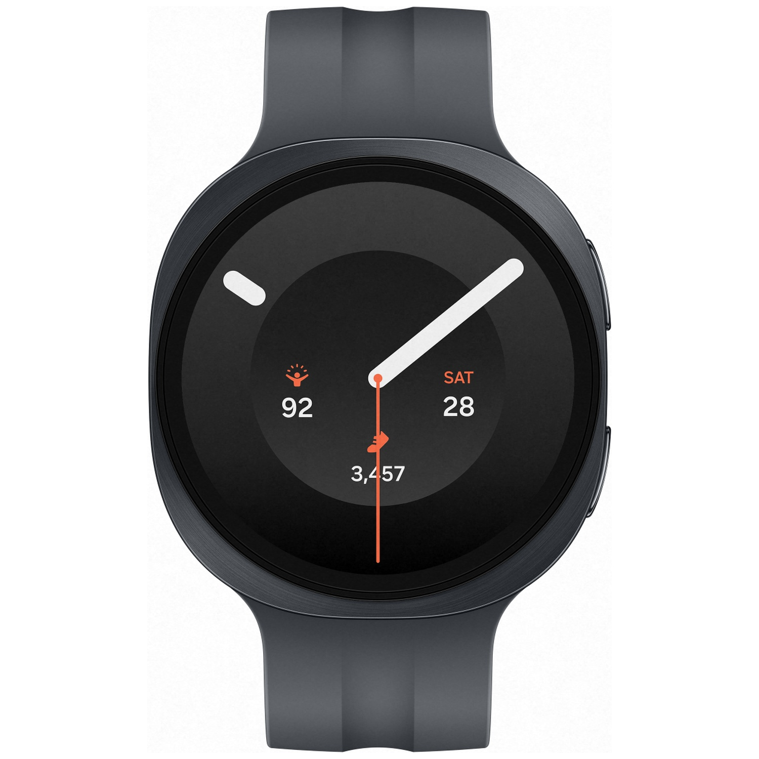 A dark smartwatch with a black face showing date and activity stats. Minimalist design.