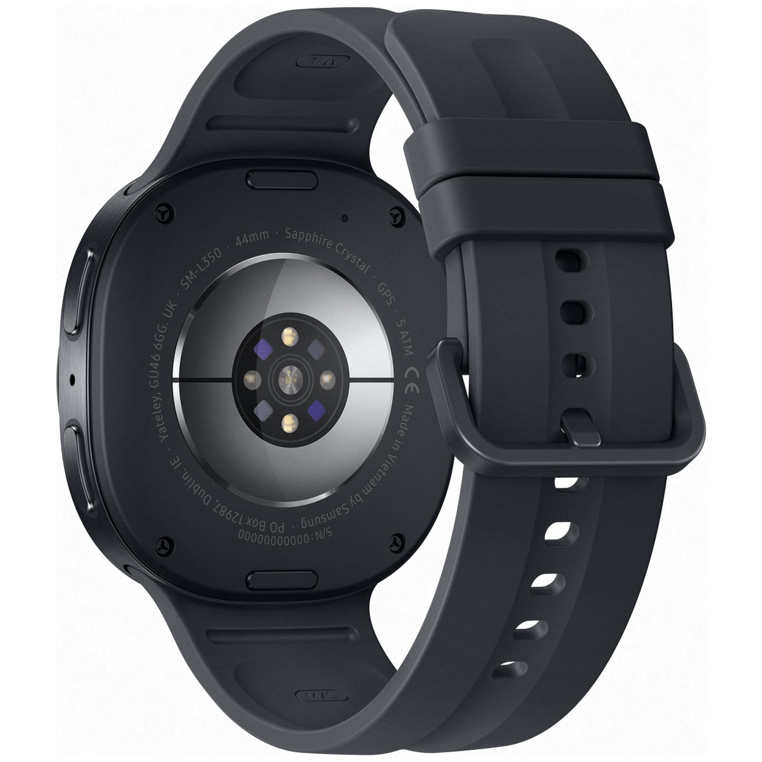 Back view of a black smartwatch with heart rate sensor and black strap.