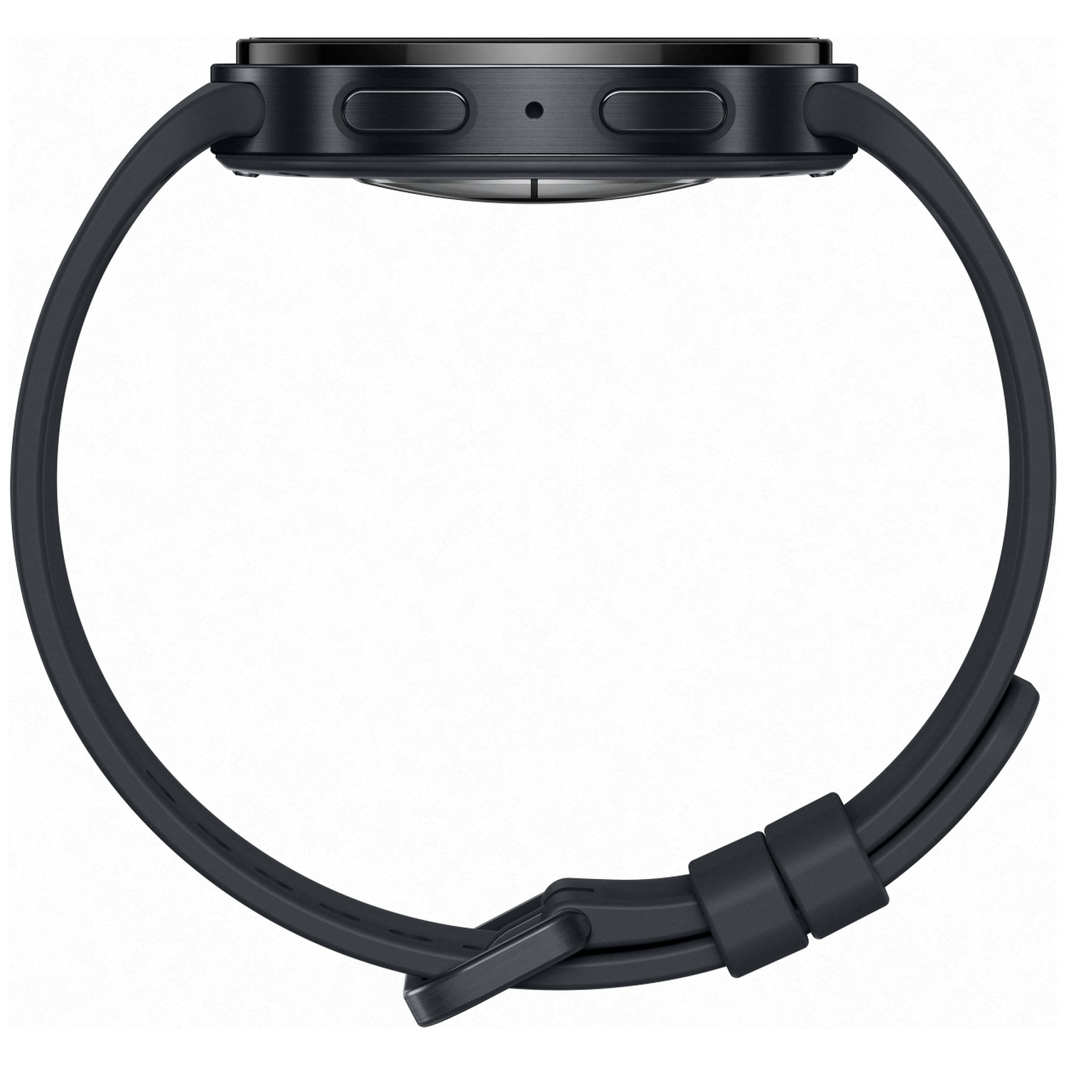 A black smartwatch with a dark gray band is shown from the side on a white background.