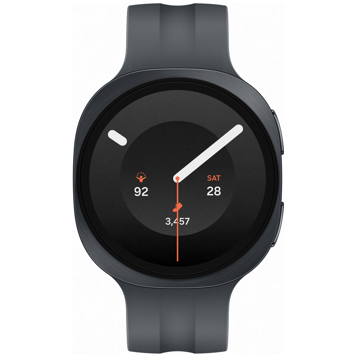 A dark smartwatch with a round face displays 92 steps and SAT 28.