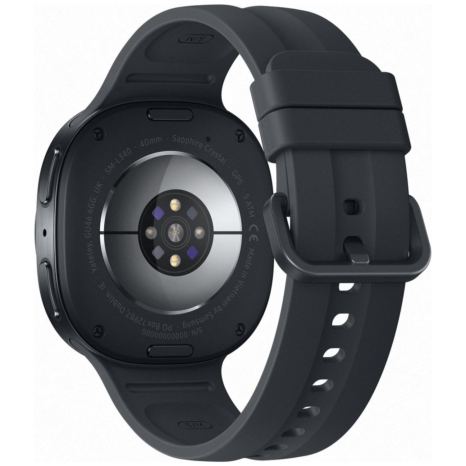 Back view of a black smartwatch with heart rate sensor.