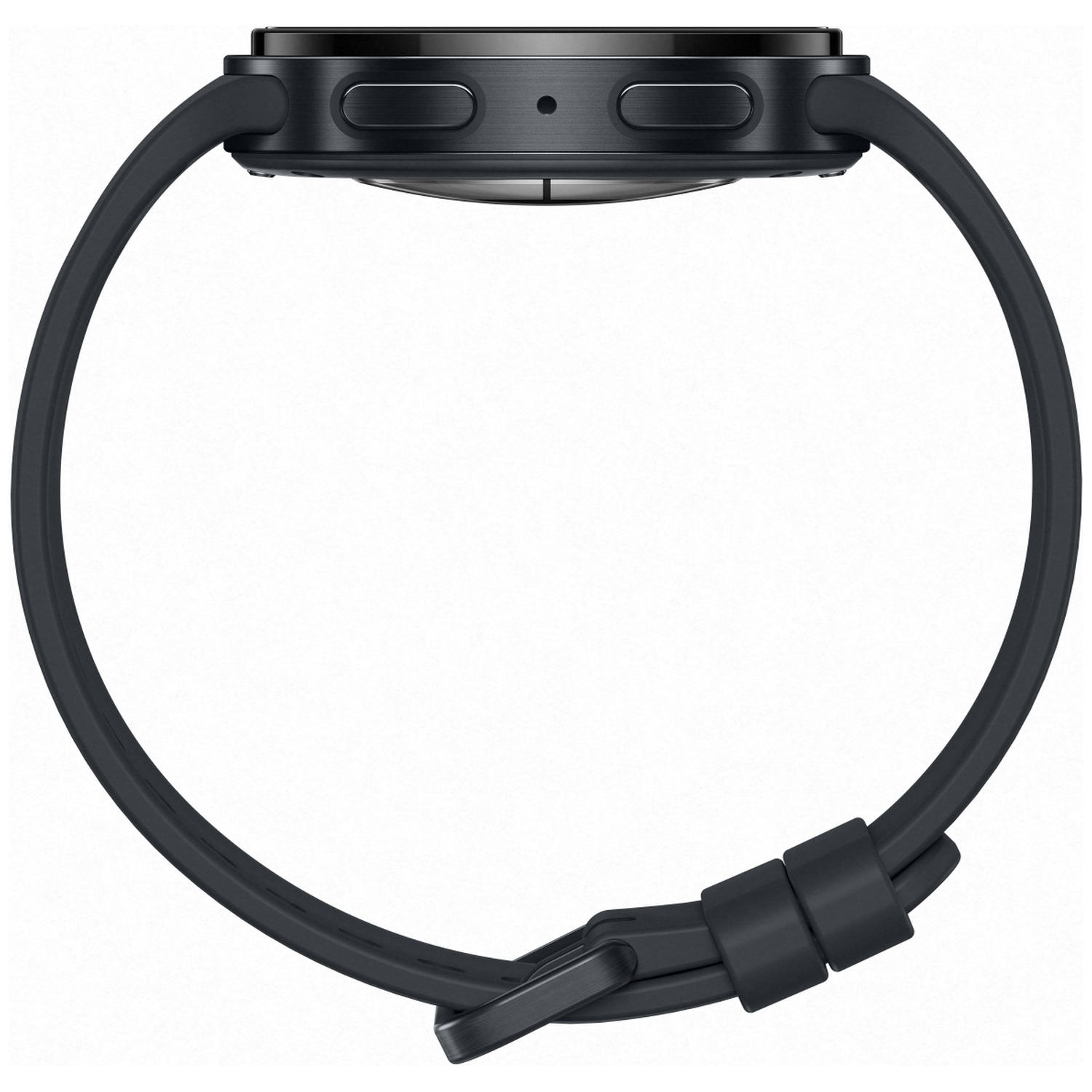A dark smartwatch with a black strap, seen from the side.