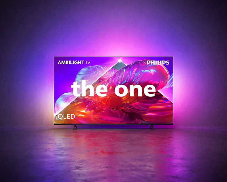 Ein Philips Ambilight QLED TV mit dem Schriftzug „the one“ auf dem Bildschirm.