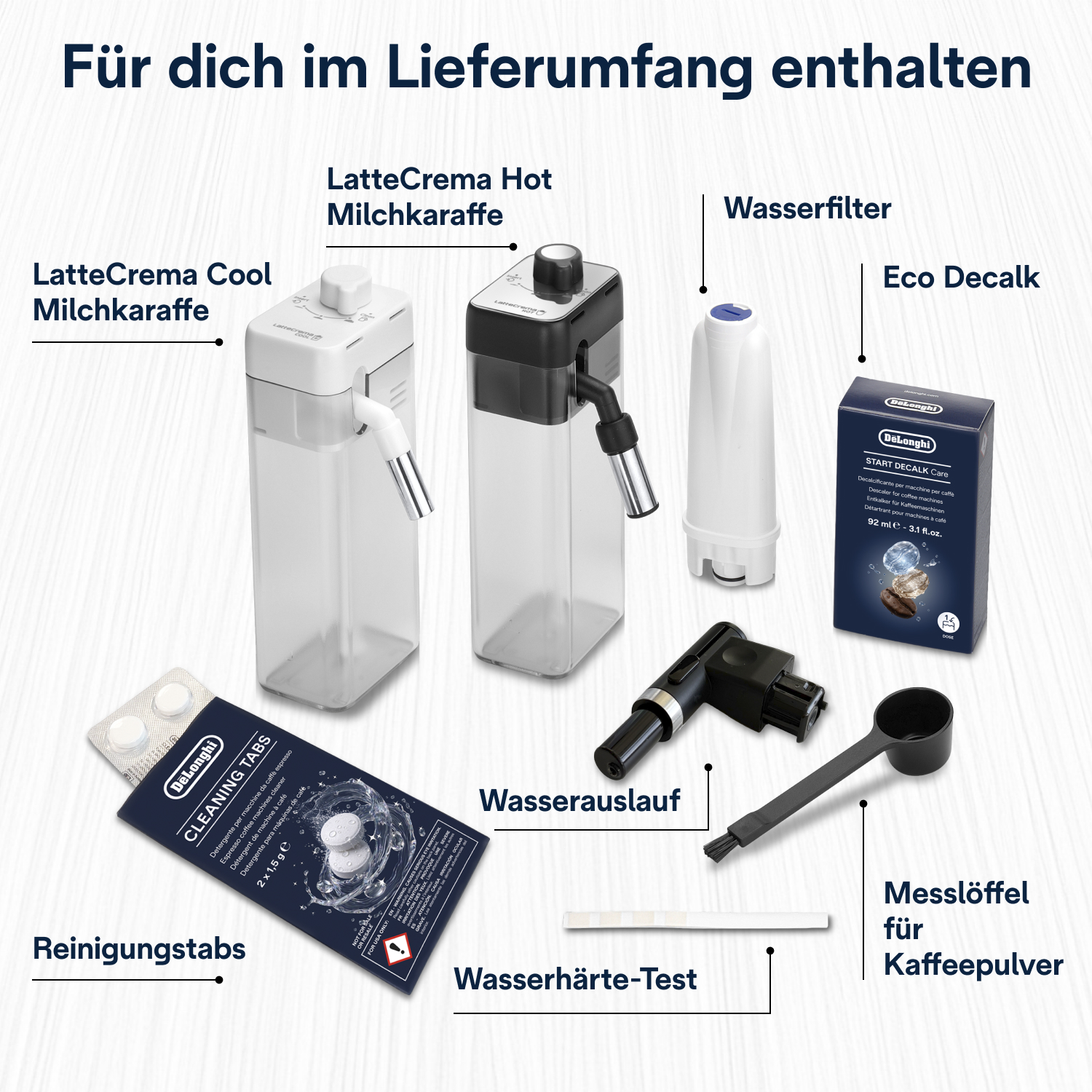 Kaffeemaschinenzubeh ör: 2 Milchkaraffen, Wasserfilter, Entkalker, Reinigungstabs, Messlöffel.