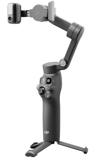 Ciemnoszary stabilizator gimbala DJI z małą kamerą na górze i podstawą statywu.